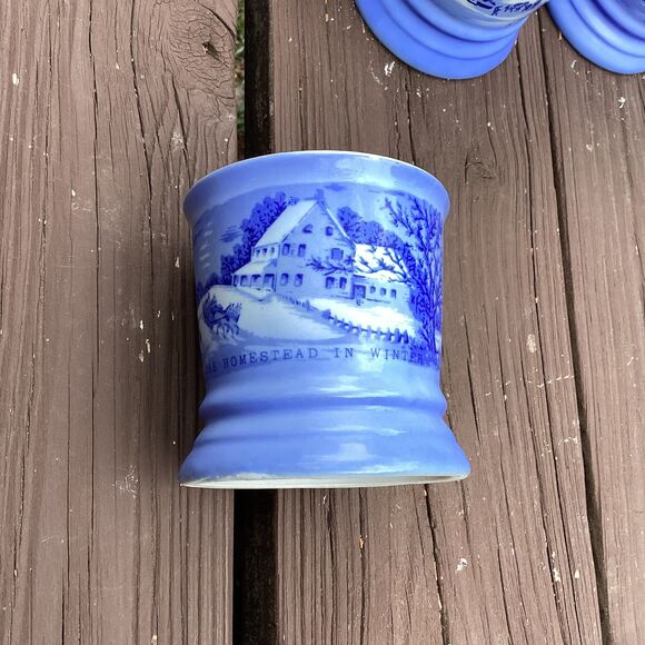 Vintage Winter Homestead Scene Blue Porcelain Coffee Mugs Set of 4 - Picture 3 of 5